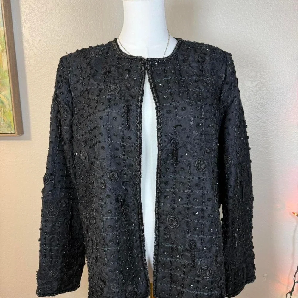 Black‎ Beaded Jacket – Made in USA – Open Front